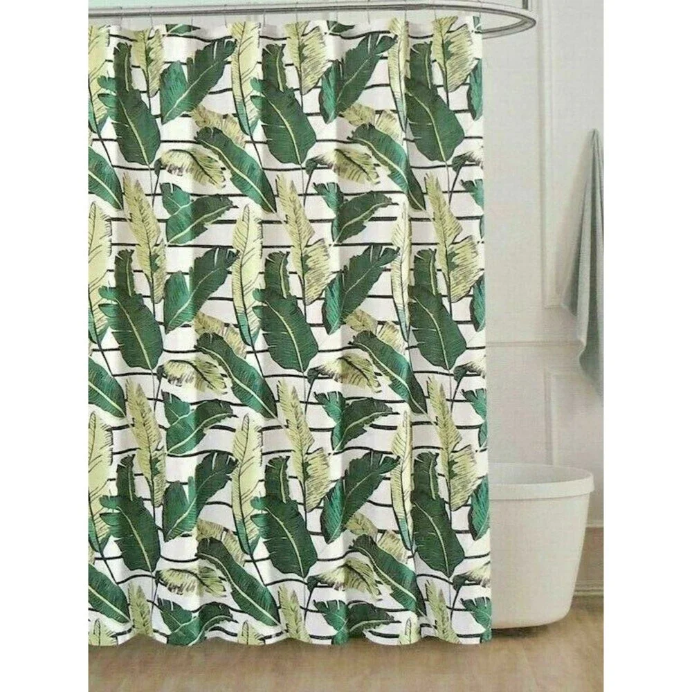 Palm Leaves Fabric Shower Curtain Beach House Green White Tropical 70x72